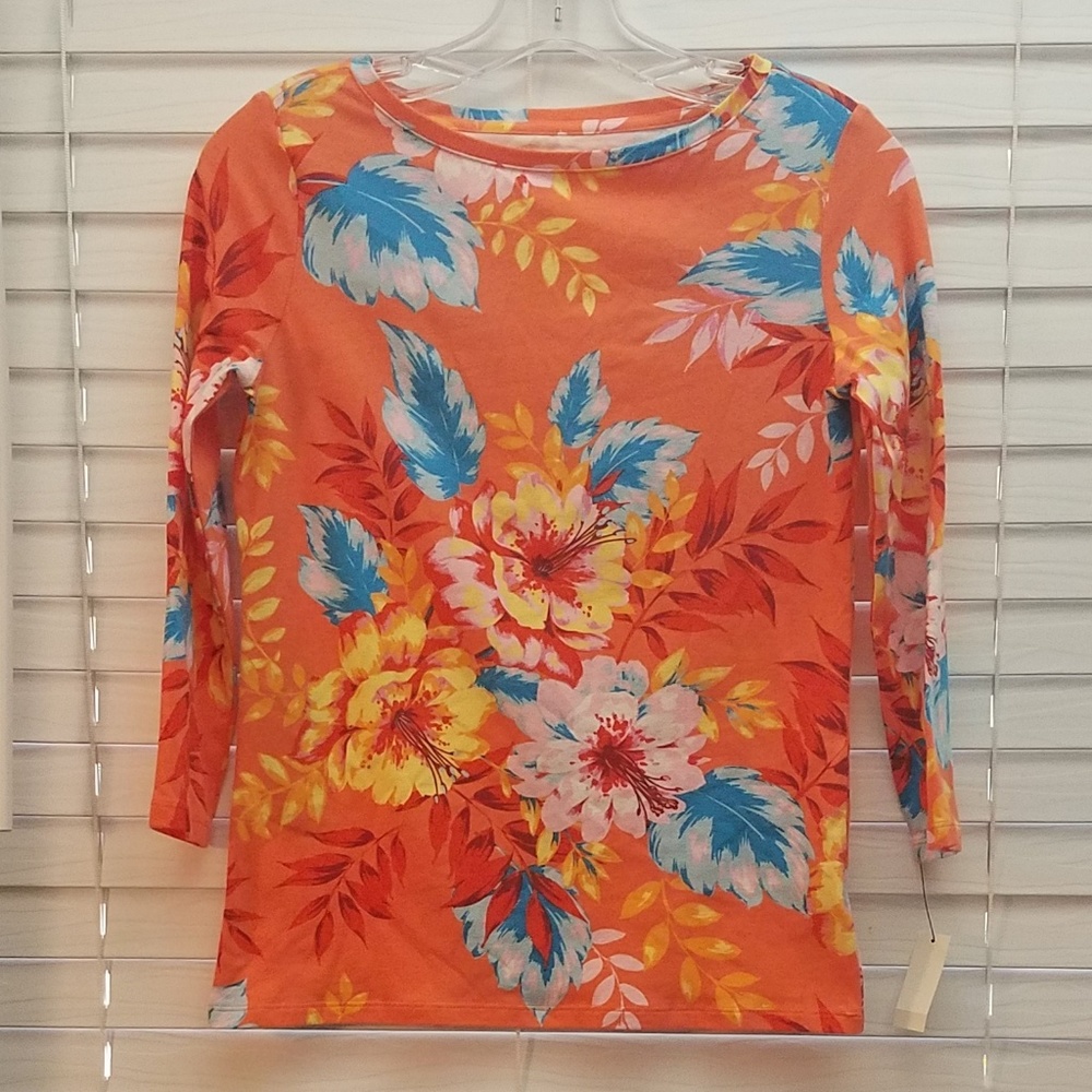 NWT Talbots Petites Orange Floral Scoop Neck Top